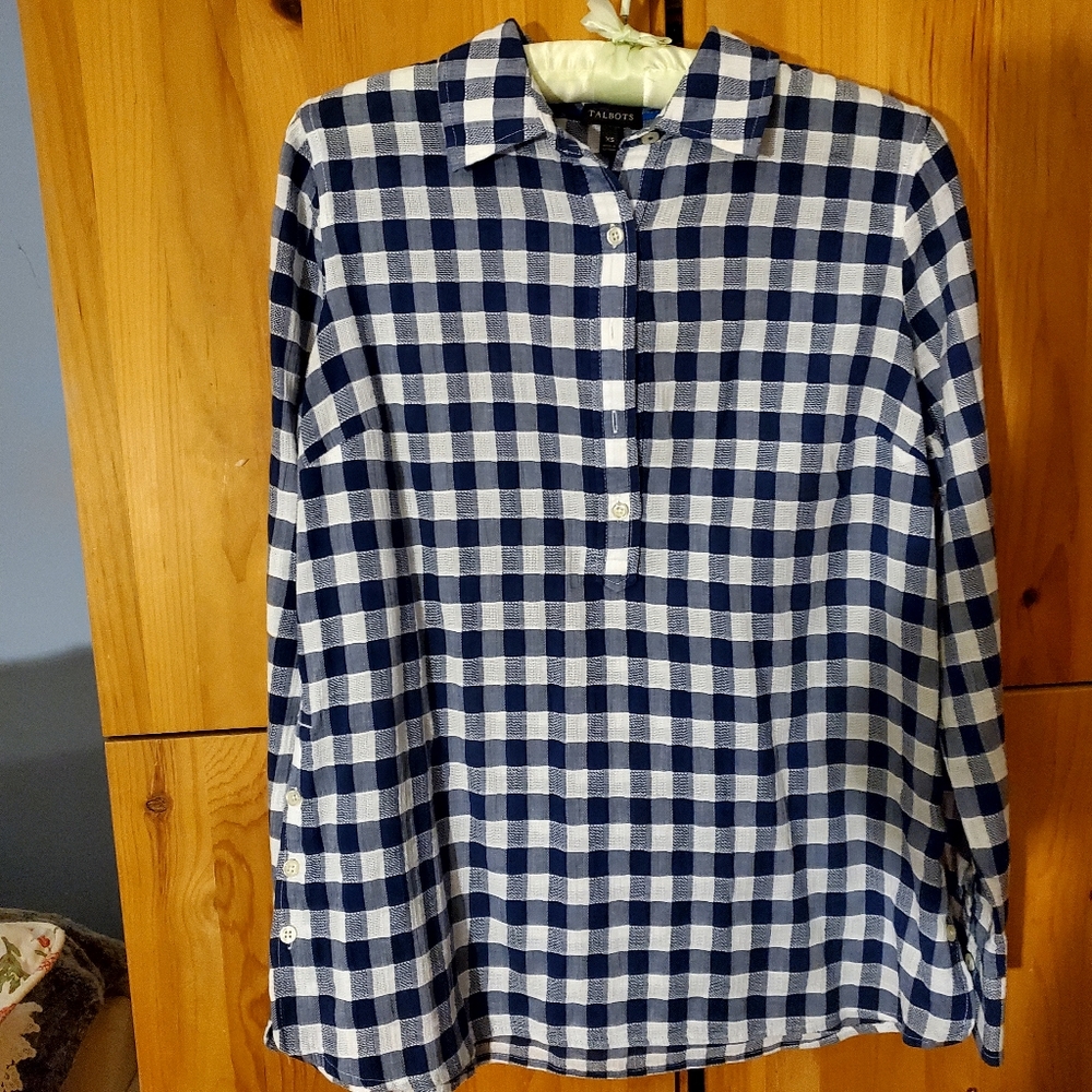 Talbots Women's  Navy & White Long Sleeved Pullover Cotton Blouse size XS